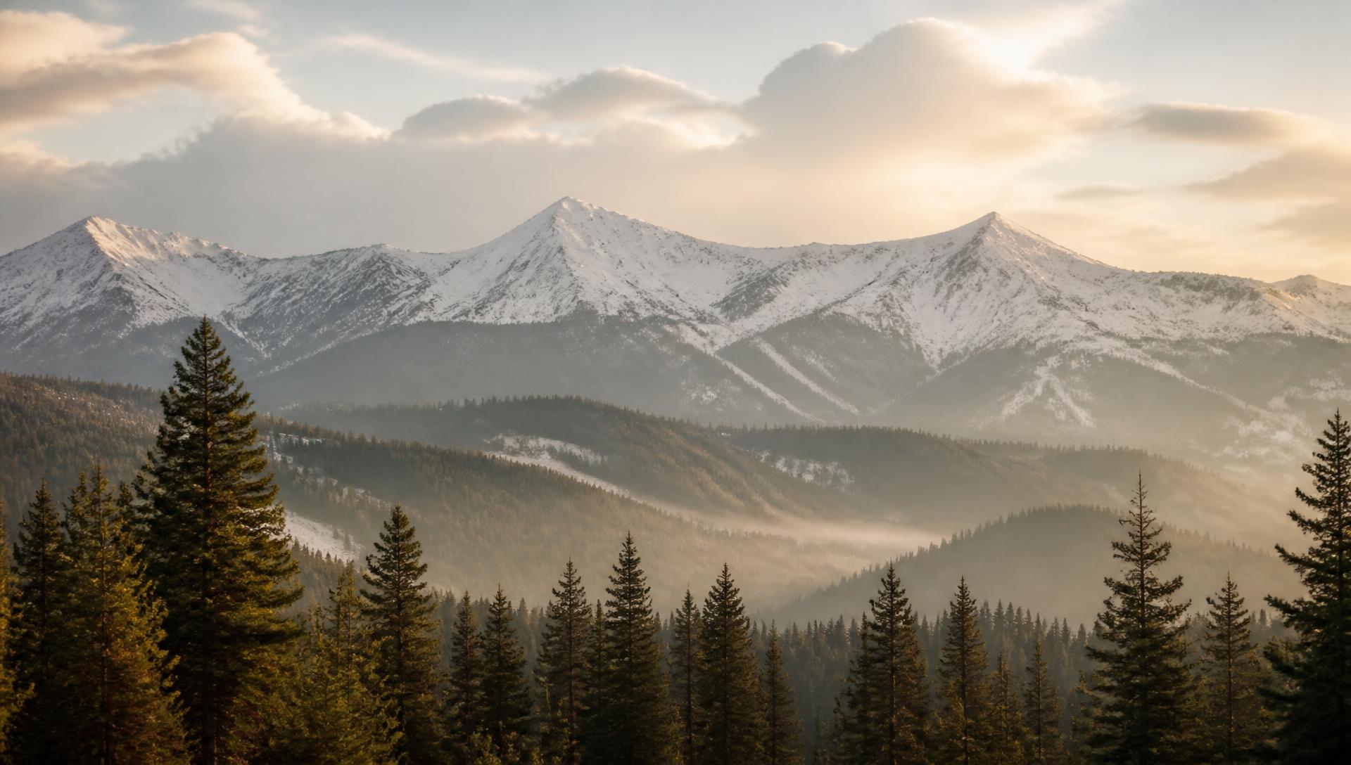 Snow-covered Rocky Mountain peaks above Breckenridge, Colorado at golden hour