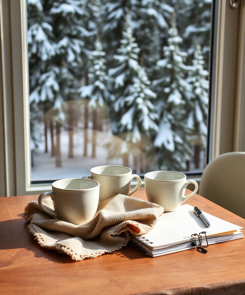 Morning coffee and notebooks by a window overlooking snowy pines